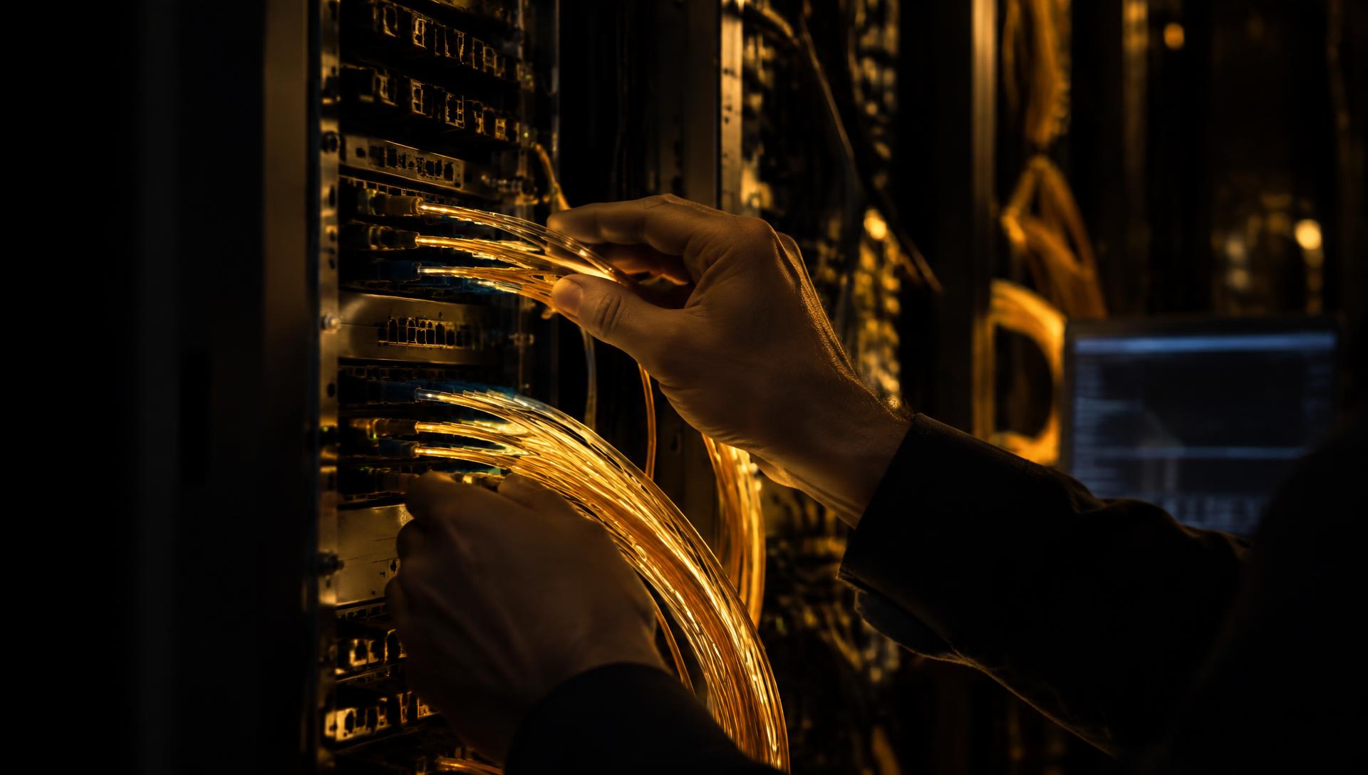 Engineer terminating fiber optic cables in a network rack